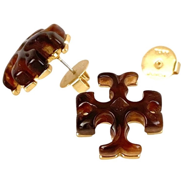 NEW Tory Burch Roxanne Tortoise Shell T-Logo Stud Earrings - Picture 1 of 6